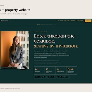 Op de afbeelding: Een donkergroene vastgoedwebsite-sjabloon genaamd Soraya met een foto van een persoon in een grijze blazer, de tekst Enter through the corridor, always by invitation, en statistieken waaronder 61 verkochte huizen, 15 jaar ervaring en 14 beheerde huizen.