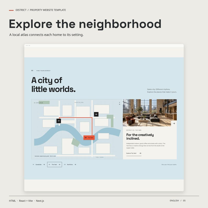 DISTRICT signature feature in use: explore the neighborhood. A local atlas connects each home to its setting.