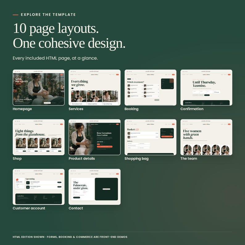 Jardin d'Hiver: real booking interface states, from choosing a service to the confirmation screen. Front-end demonstrations; no booking backend or payment processing included.
