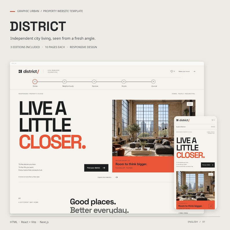 DISTRICT property website template in its graphic urban style, with actual desktop and mobile HTML homepage views.