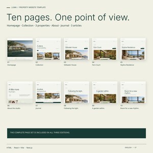 All ten LUMA HTML pages: homepage, collection, three property pages, about, journal and three articles.