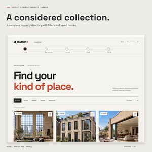 DISTRICT HTML property collection with included property imagery, filters and saved-home controls.