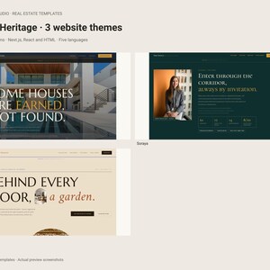 Op de afbeelding: Een digitale weergave van drie websitethema's genaamd Warm Heritage, met screenshots gelabeld Adam, Soraya en Yasmine. De lay-outs bevatten tekst zoals SOME HOUSES ARE EARNED, NOT FOUND, Enter through the corridor, always by invitation en BEHIND EVERY DOOR, a garden.