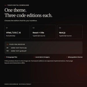 Atelier Kohl digital download: 1 theme, each with HTML/CSS/JavaScript, React with Vite and TypeScript, and Next.js with TypeScript. Includes source files, five languages, local demo imagery, setup guide and license. Framework editions are separate implementations.