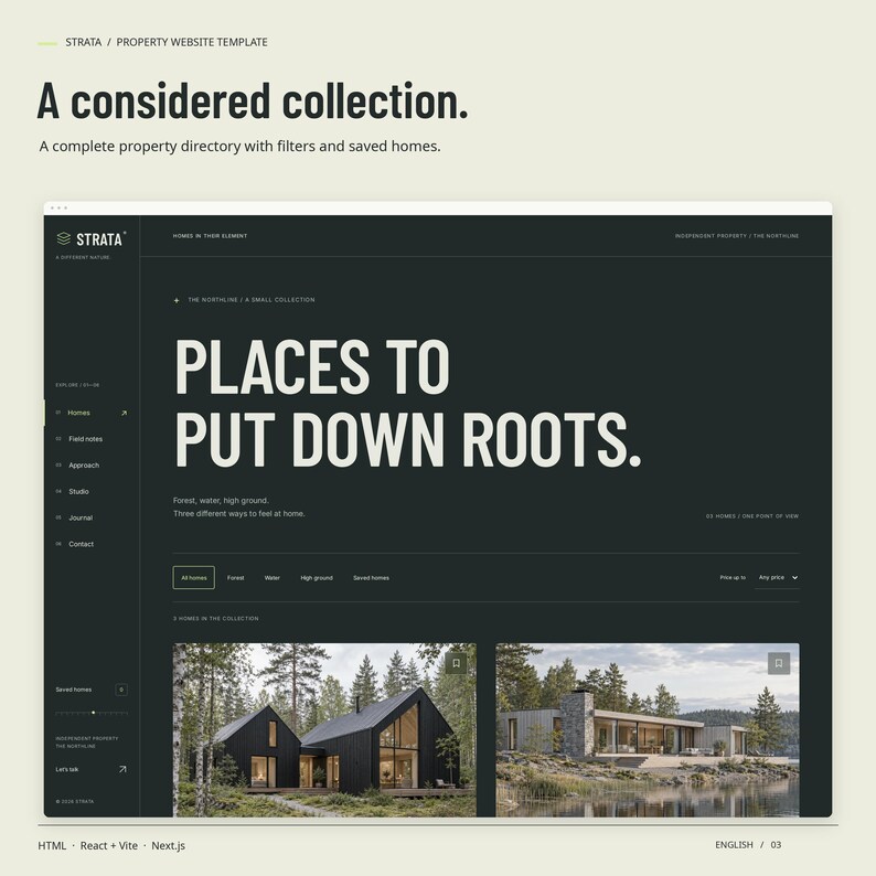 STRATA HTML property collection with included property imagery, filters and saved-home controls.