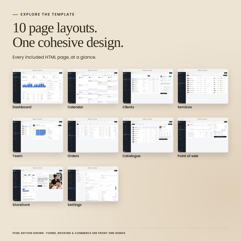 Rabia Console: ten HTML dashboard layouts for overview, calendar, clients, services, team, orders, catalogue, point of sale, storefront settings and business settings. Sample data; backend not included.