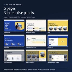 Sel Tangier: six HTML page layouts plus booking, product and shopping bag panels. The included contact layout requires connecting its navigation link. Front-end demonstration screens.