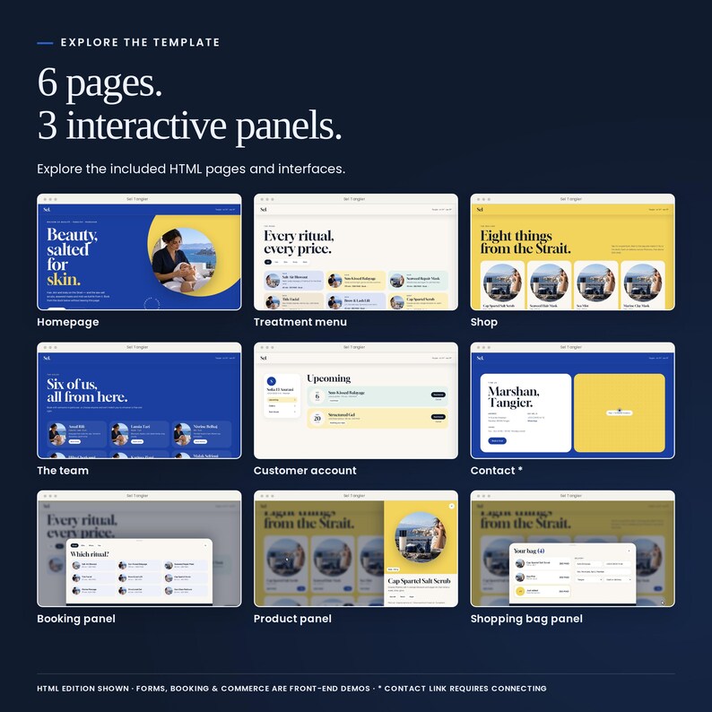 Sel Tangier: six HTML page layouts plus booking, product and shopping bag panels. The included contact layout requires connecting its navigation link. Front-end demonstration screens.