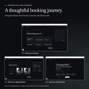 Puede incluir: Un dise&ntilde;o de interfaz digital con tres pantallas de tema oscuro para un proceso de reserva. Las pantallas muestran texto que incluye Interactive HTML Screens, A thoughtful booking journey, Choose a service, Pick your appointment y See the confirmation.