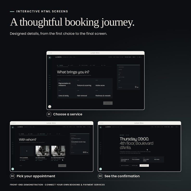 Puede incluir: Un dise&ntilde;o de interfaz digital con tres pantallas de tema oscuro para un proceso de reserva. Las pantallas muestran texto que incluye Interactive HTML Screens, A thoughtful booking journey, Choose a service, Pick your appointment y See the confirmation.