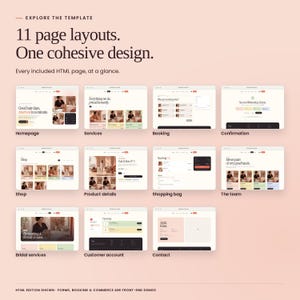 Maison Noor: an overview of included HTML page layouts. Screens include the homepage, service menu, shop, customer account and contact page. Front-end demonstration screens.