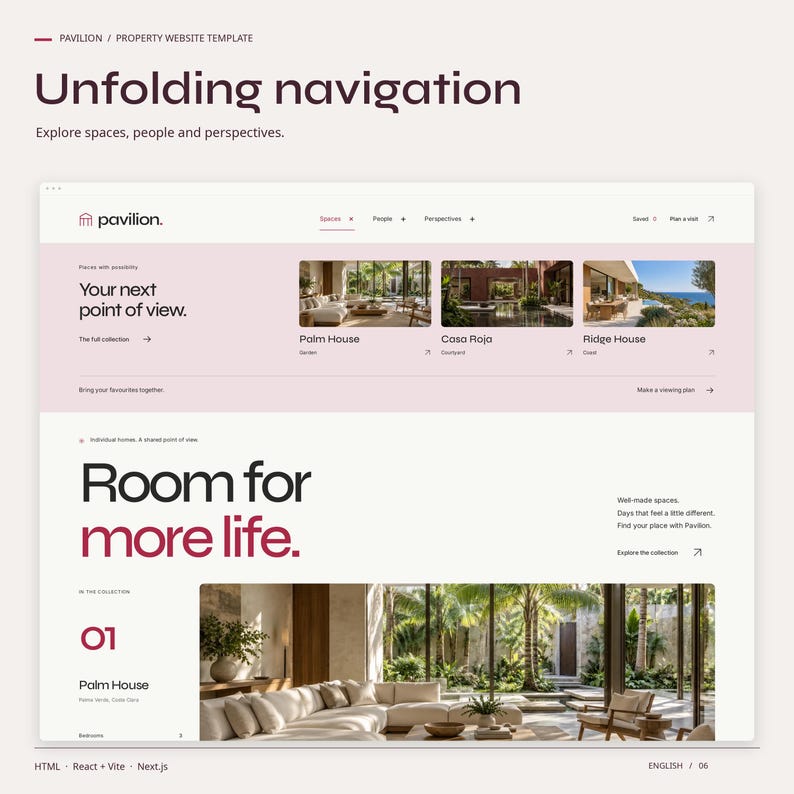 PAVILION HTML navigation view: unfolding navigation. Explore spaces, people and perspectives.