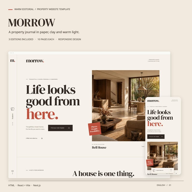 MORROW property website template in its warm editorial style, with actual desktop and mobile HTML homepage views.