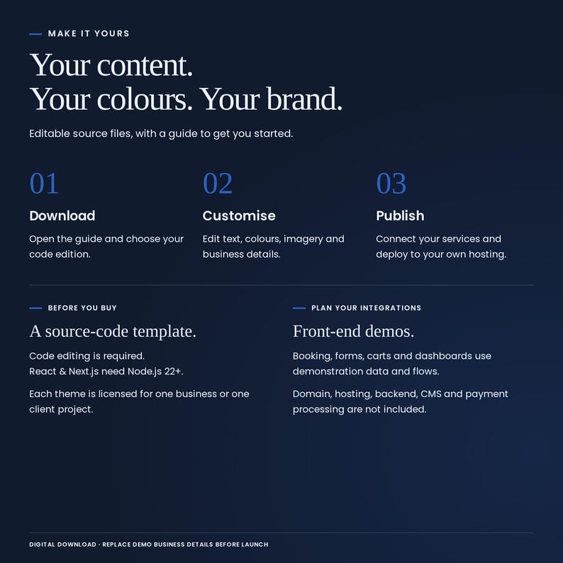 Sel Tangier: download, customise text, colours and imagery, then deploy to your own hosting. Code editing required; React and Next.js need Node.js 22+. Booking, forms, carts and dashboards are front-end demos. Hosting, backend, CMS and payment processing are not included.