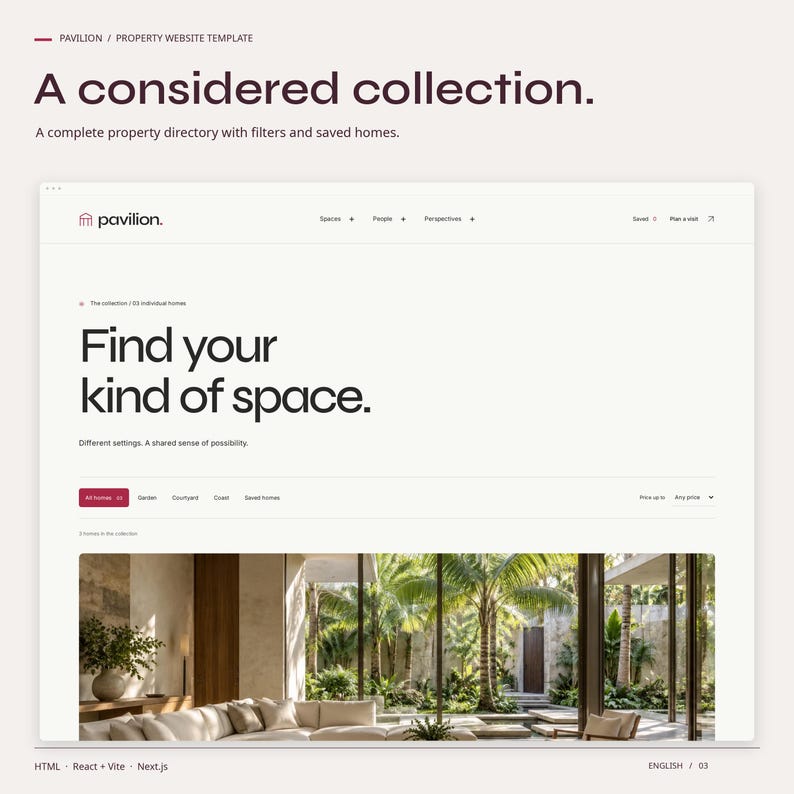 PAVILION HTML property collection with included property imagery, filters and saved-home controls.