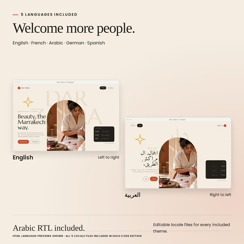 Dar Zahra: English and Arabic HTML previews, with right-to-left Arabic layout. French, German and Spanish locale files are also included.