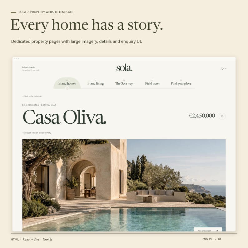 A dedicated SOLA HTML property page showing the property image, title, guide price and enquiry button.