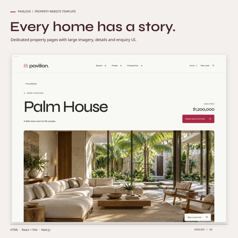 A dedicated PAVILION HTML property page showing the property image, title, guide price and enquiry button.
