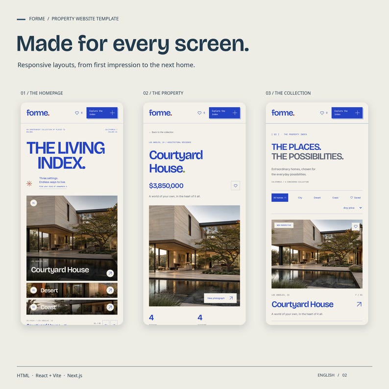Three mobile views of the FORME HTML theme: homepage, a property page and the property collection.