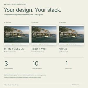 LUMA includes three English source editions: actual HTML, React plus Vite and Next.js homepage captures, with ten pages per edition and a setup guide.