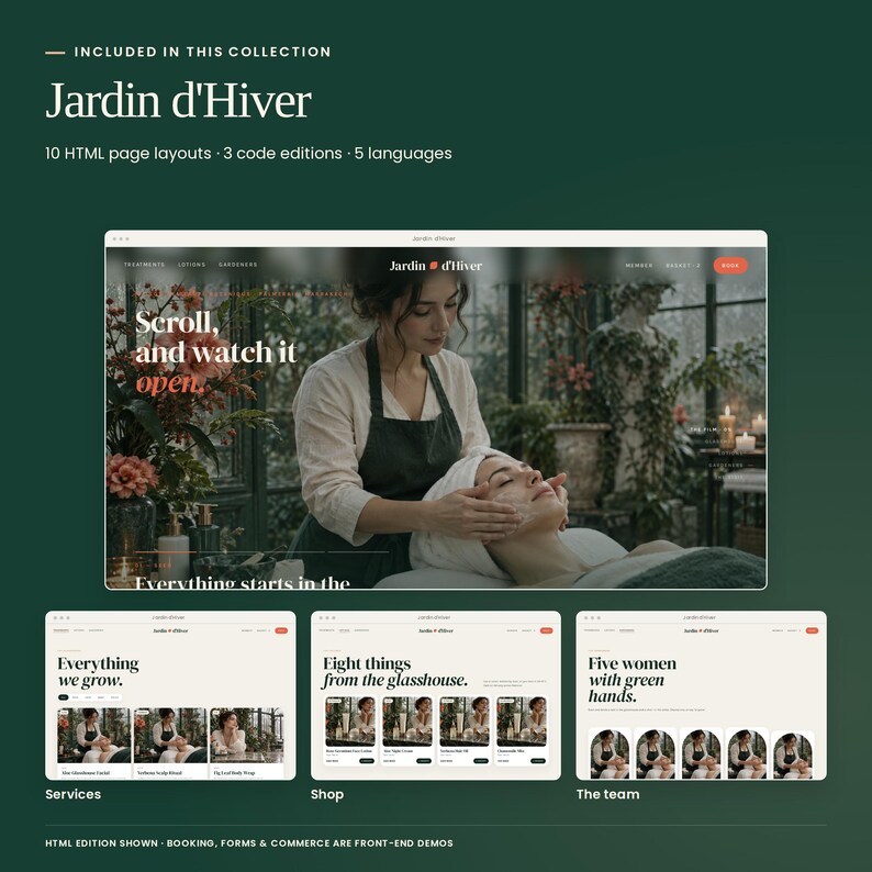 Jardin d'Hiver, included in Botanical Ritual Collection: actual HTML homepage, treatment menu, shop and team previews. Three code editions and five languages included. Booking and commerce are front-end demonstrations.