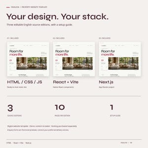 PAVILION includes three English source editions: actual HTML, React plus Vite and Next.js homepage captures, with ten pages per edition and a setup guide.