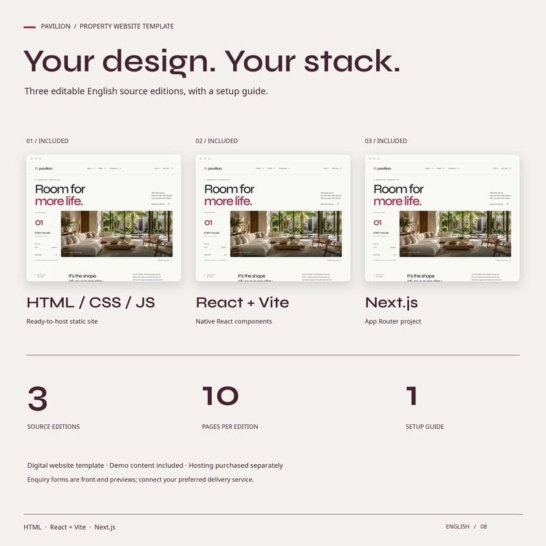 PAVILION includes three English source editions: actual HTML, React plus Vite and Next.js homepage captures, with ten pages per edition and a setup guide.
