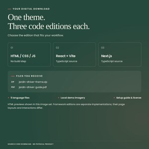 Jardin d'Hiver digital download: 1 theme, each with HTML/CSS/JavaScript, React with Vite and TypeScript, and Next.js with TypeScript. Includes source files, five languages, local demo imagery, setup guide and license. Framework editions are separate implementations.