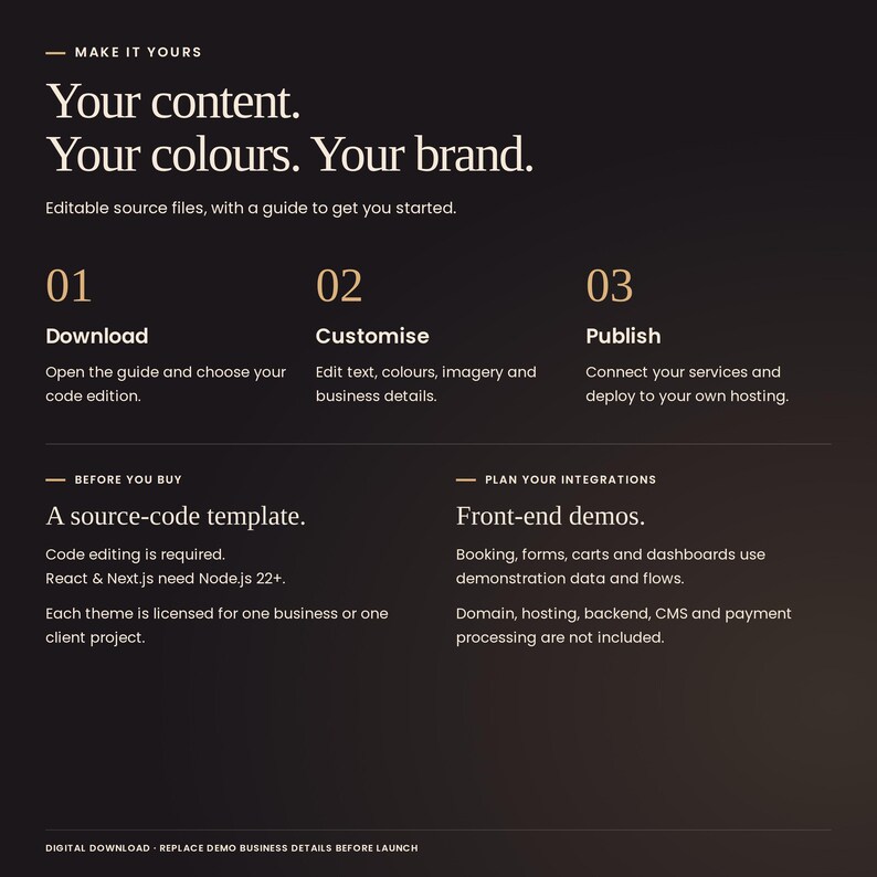 Noir Editorial Collection: download, customise text, colours and imagery, then deploy to your own hosting. Code editing required; React and Next.js need Node.js 22+. Booking, forms, carts and dashboards are front-end demos. Hosting, backend, CMS and payment processing are not included.