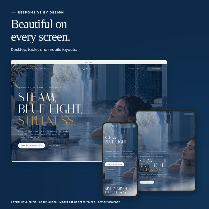 Bain Bleu: English and Arabic HTML previews, with right-to-left Arabic layout. French, German and Spanish locale files are also included.