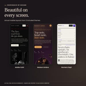 Noir Editorial Collection: actual mobile HTML layouts from Atelier Kohl, Maison Ambre, Numero Sept.