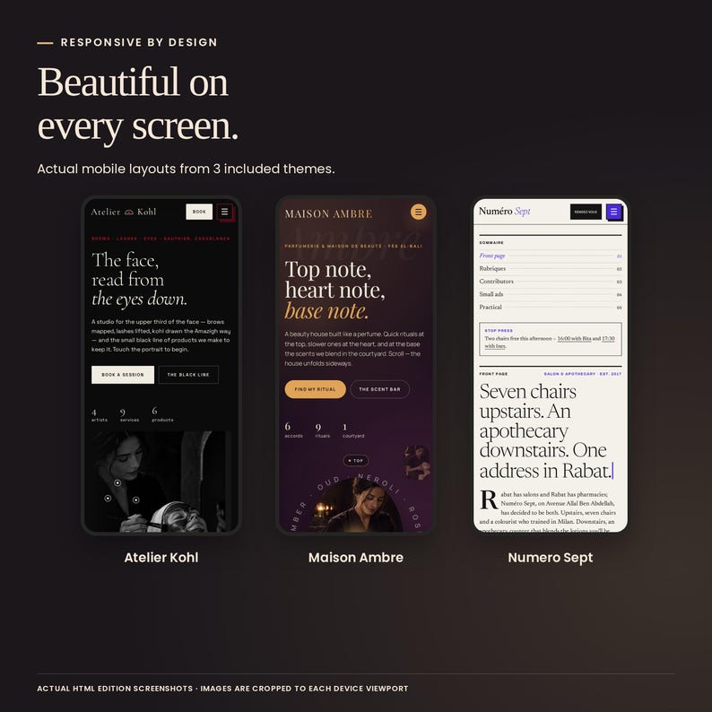 Noir Editorial Collection: actual mobile HTML layouts from Atelier Kohl, Maison Ambre, Numero Sept.