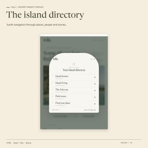 SOLA HTML navigation view: the island directory. Sunlit navigation through places, people and stories.