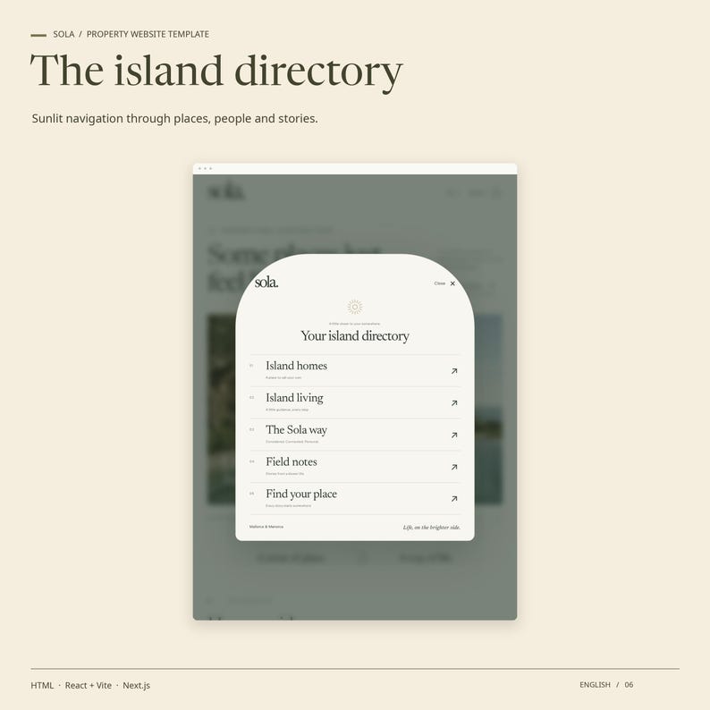 SOLA HTML navigation view: the island directory. Sunlit navigation through places, people and stories.