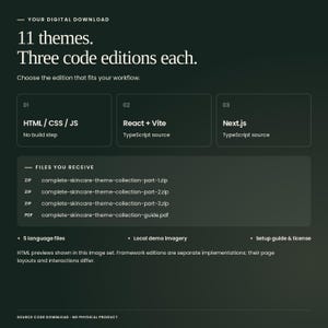 Complete Skincare Theme Collection digital download: 11 themes, each with HTML/CSS/JavaScript, React with Vite and TypeScript, and Next.js with TypeScript. Includes source files, five languages, local demo imagery, setup guide and license. Framework editions are separate implementations.