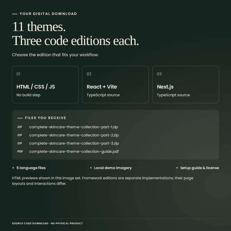 Complete Skincare Theme Collection digital download: 11 themes, each with HTML/CSS/JavaScript, React with Vite and TypeScript, and Next.js with TypeScript. Includes source files, five languages, local demo imagery, setup guide and license. Framework editions are separate implementations.