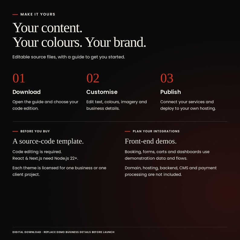 Atelier Kohl: download, customise text, colours and imagery, then deploy to your own hosting. Code editing required; React and Next.js need Node.js 22+. Booking, forms, carts and dashboards are front-end demos. Hosting, backend, CMS and payment processing are not included.