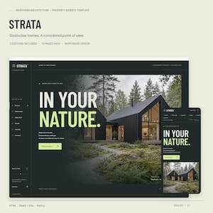 STRATA property website template in its northern architecture style, with actual desktop and mobile HTML homepage views.