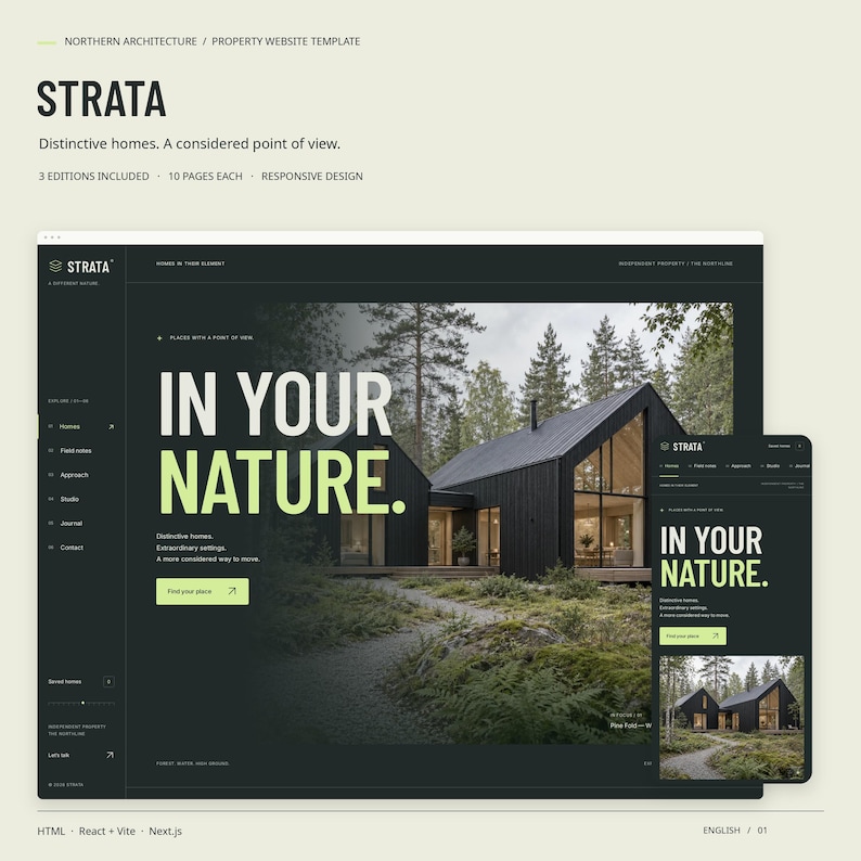 STRATA property website template in its northern architecture style, with actual desktop and mobile HTML homepage views.