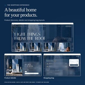 Bain Bleu: shop, product details and shopping bag interface previews. Shopping screens are front-end demonstrations; payment processing is not included.