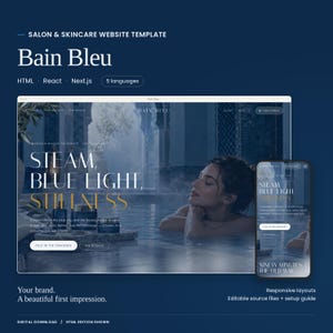 Bain Bleu website template with a large actual homepage preview and mobile layout. HTML, React and Next.js code editions and five languages included. HTML edition shown.