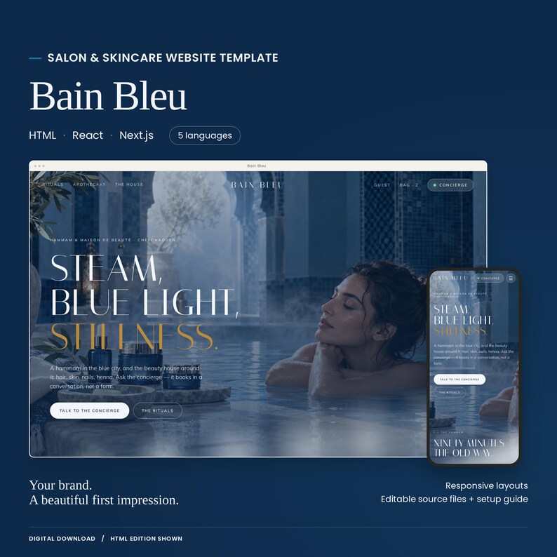 Bain Bleu website template with a large actual homepage preview and mobile layout. HTML, React and Next.js code editions and five languages included. HTML edition shown.