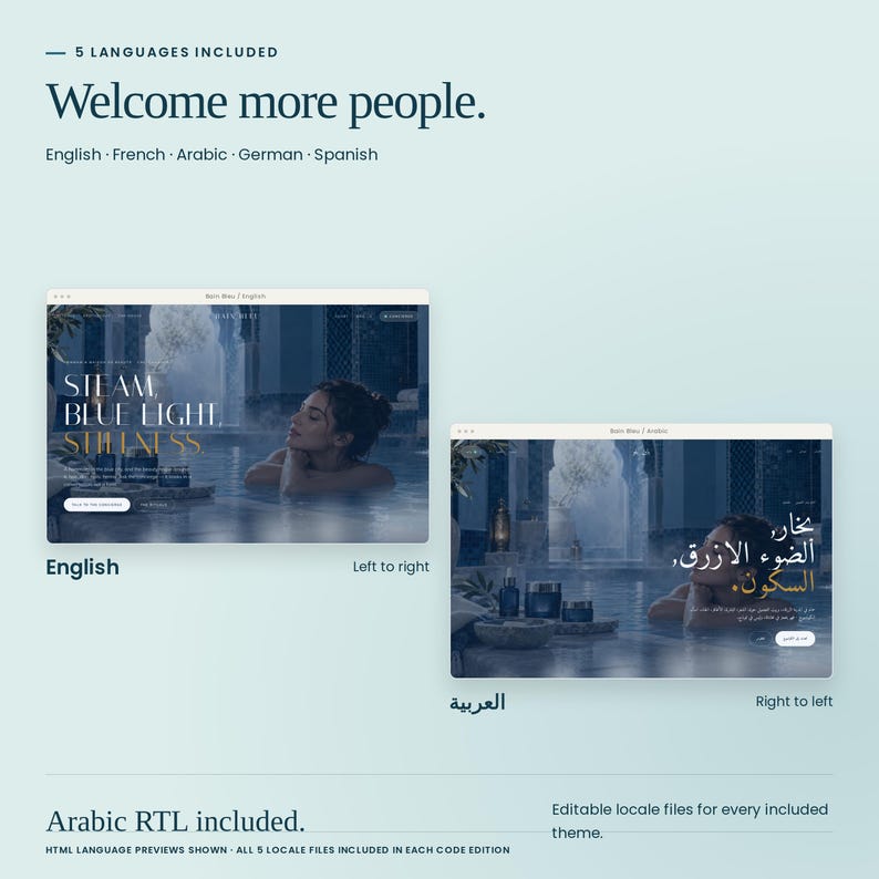 Bain Bleu shown in English and Arabic with right-to-left layout. Each theme in Coastal Clinical Collection includes English, French, Arabic, German and Spanish locale files.