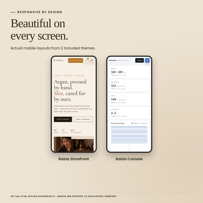 Rabia Business Suite: actual mobile HTML layouts from Rabia Storefront, Rabia Console.