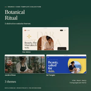 Botanical Ritual Collection: all 3 included themes shown as actual HTML previews: Dar Zahra, Jardin d'Hiver, Sel Tangier. Three code editions and five languages per theme. Separate source-code projects.