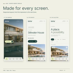 Three mobile views of the LUMA HTML theme: homepage, a property page and the property collection.
