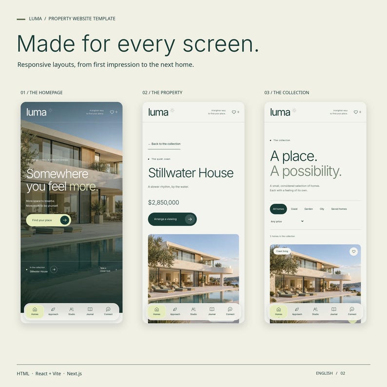 Three mobile views of the LUMA HTML theme: homepage, a property page and the property collection.