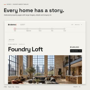 A dedicated DISTRICT HTML property page showing the property image, title, guide price and enquiry button.