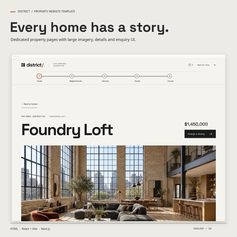 A dedicated DISTRICT HTML property page showing the property image, title, guide price and enquiry button.