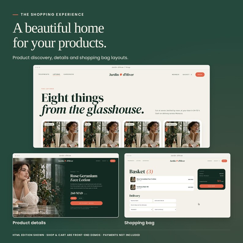 Jardin d'Hiver: actual responsive HTML layouts for desktop, tablet and mobile.